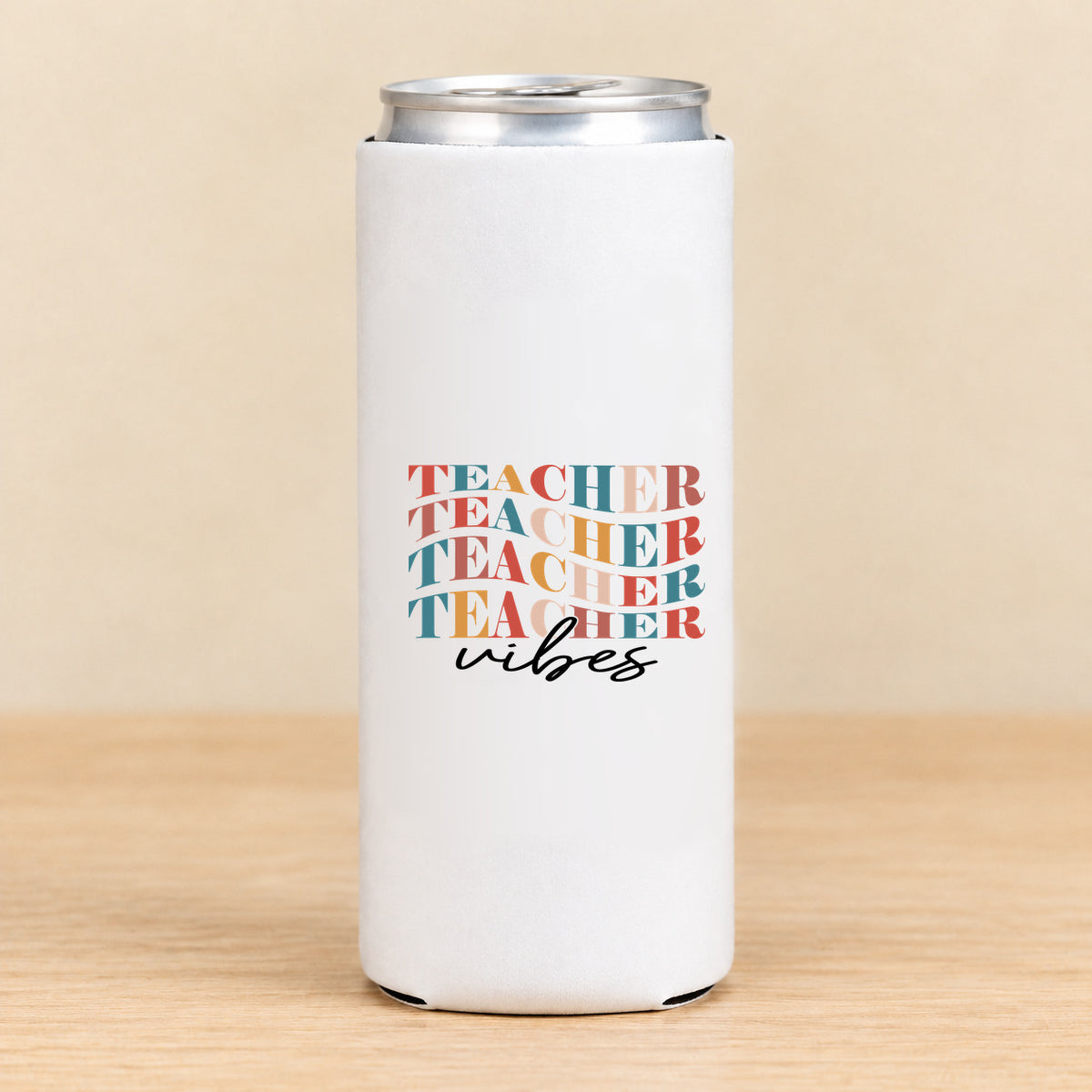Teacher Vibes Retro Typography — Slim Can Koozie