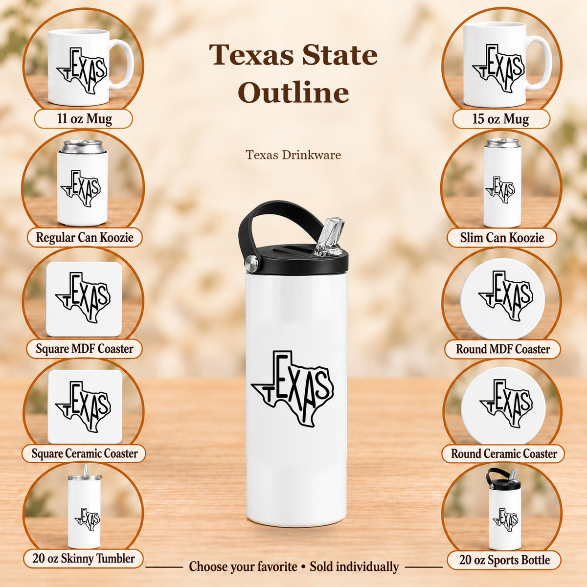 Texas State Outline — All 10 drinkware options