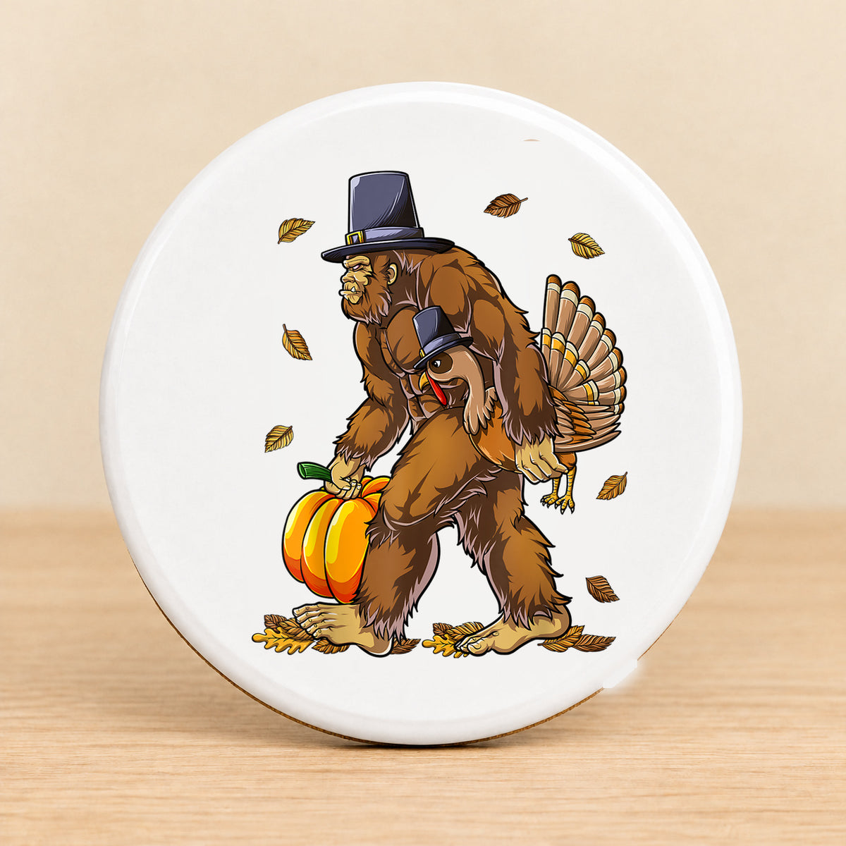 Thanksgiving Bigfoot — Round Ceramic Coaster