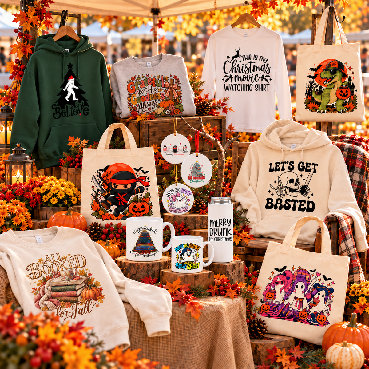 Seasonal apparel, Halloween totes, mugs, a slim can cooler and ornaments at a fall craft fair, featuring Grateful for His Goodness Always.