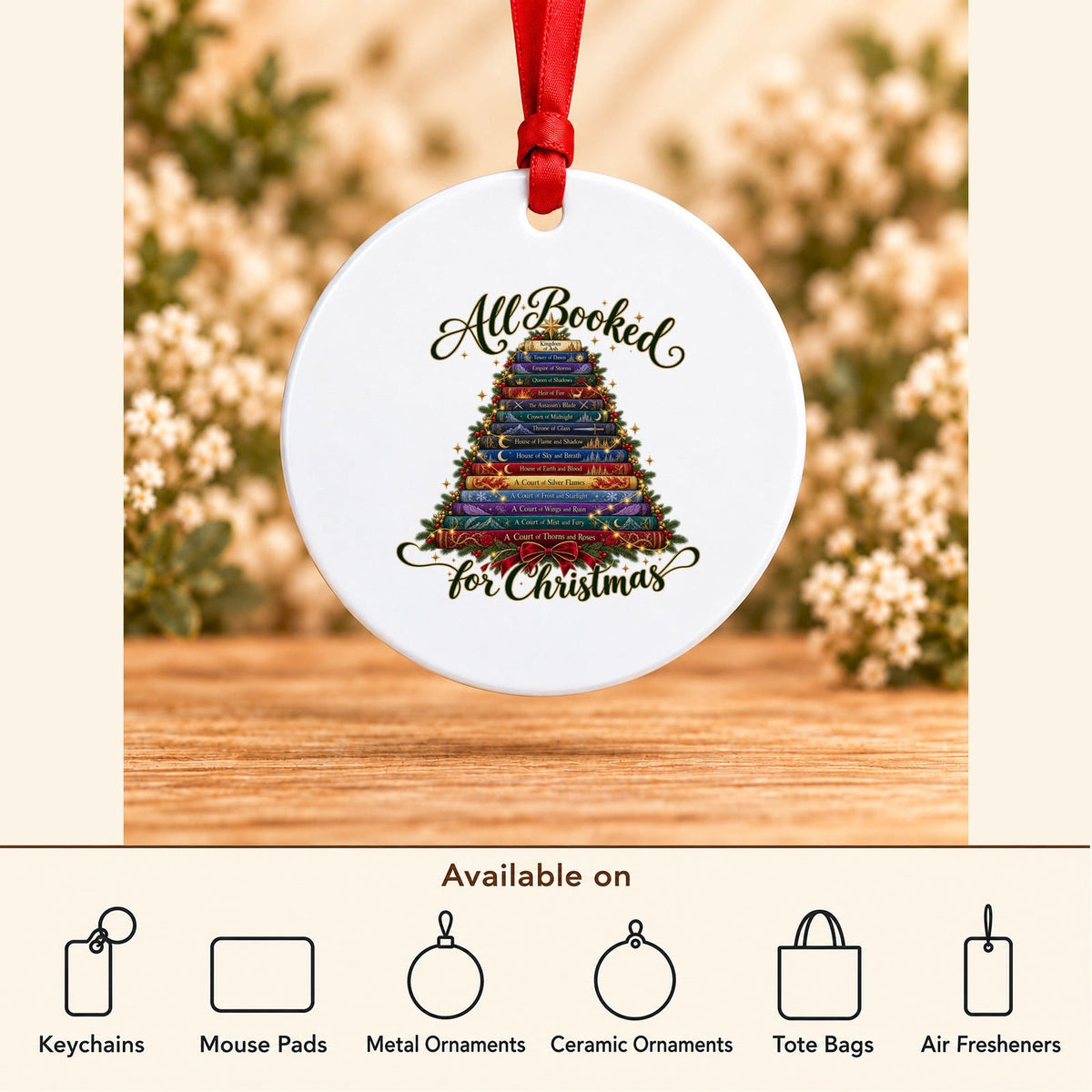 All Booked for Christmas — Round Metal Ornament featured; available on keychains, mouse pads, metal ornaments, ceramic ornaments, tote bags and air fresheners