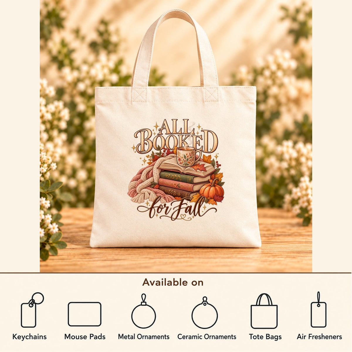 All Booked for Fall — Beige Canvas Tote Bag featured; available on keychains, mouse pads, metal ornaments, ceramic ornaments, tote bags and air fresheners
