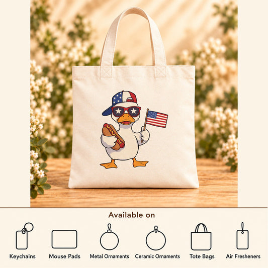 American Duck — Beige Canvas Tote Bag featured; available on keychains, mouse pads, metal ornaments, ceramic ornaments, tote bags and air fresheners