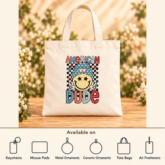 American Dude — Beige Canvas Tote Bag featured; available on keychains, mouse pads, metal ornaments, ceramic ornaments, tote bags and air fresheners