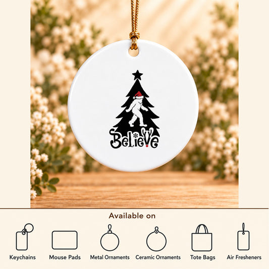 Believe Bigfoot Christmas — Round Ceramic Ornament featured; available on keychains, mouse pads, metal ornaments, ceramic ornaments, tote bags and air fresheners