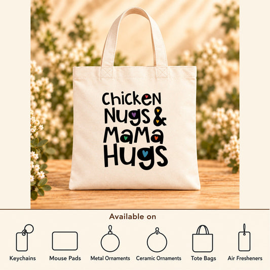 Chicken Nugs & Mama Hugs — Beige Canvas Tote Bag featured; available on keychains, mouse pads, metal ornaments, ceramic ornaments, tote bags and air fresheners