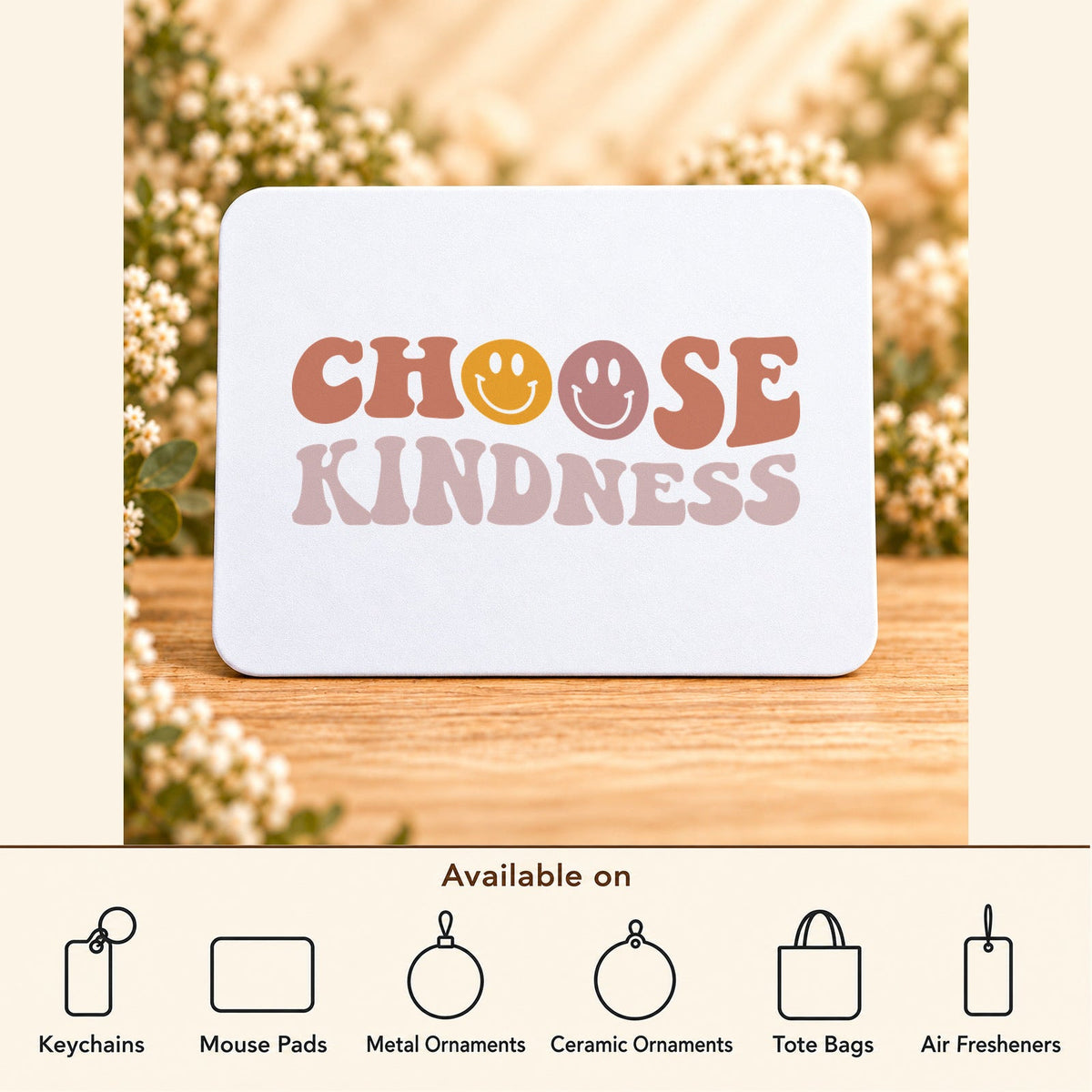Choose Kindness — Rectangular Mouse Pad featured; available on keychains, mouse pads, metal ornaments, ceramic ornaments, tote bags and air fresheners