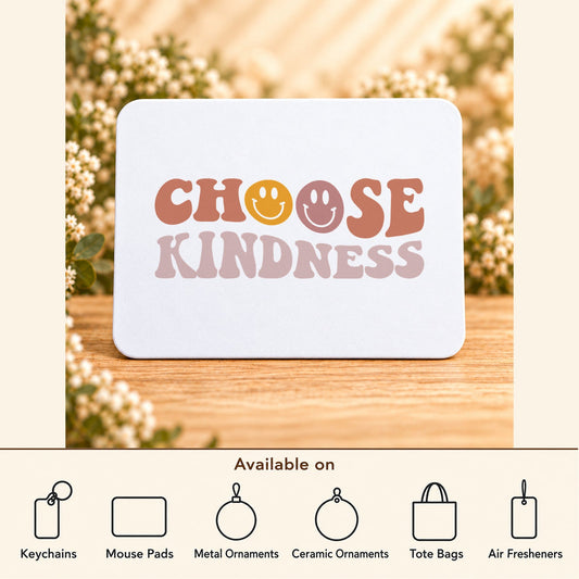 Choose Kindness — Rectangular Mouse Pad featured; available on keychains, mouse pads, metal ornaments, ceramic ornaments, tote bags and air fresheners