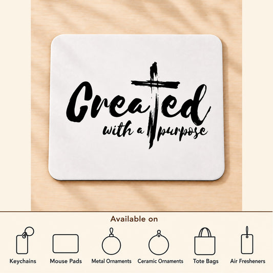 Created with a Purpose — Rectangular Mouse Pad featured; available on keychains, mouse pads, metal ornaments, ceramic ornaments, tote bags and air fresheners