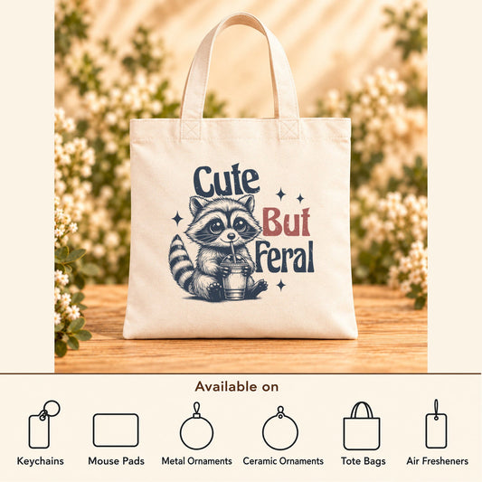 Cute But Feral — Beige Canvas Tote Bag featured; available on keychains, mouse pads, metal ornaments, ceramic ornaments, tote bags and air fresheners