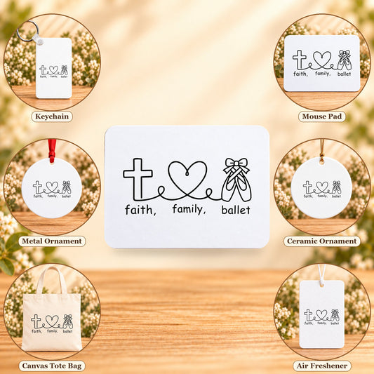 Faith Family Ballet - all six accessory options, Rectangular Mouse Pad featured; labeled product options