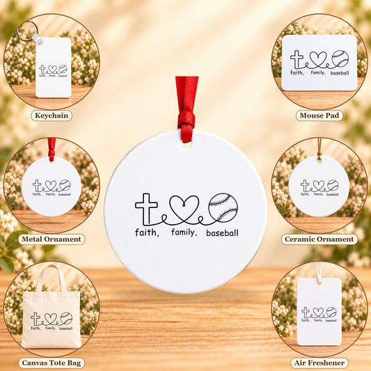 Faith Family Baseball - all six accessory options, Round Metal Ornament featured; labeled product options