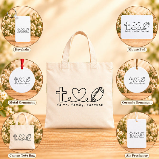 Faith Family Football - all six accessory options, Beige Canvas Tote Bag featured; labeled product options