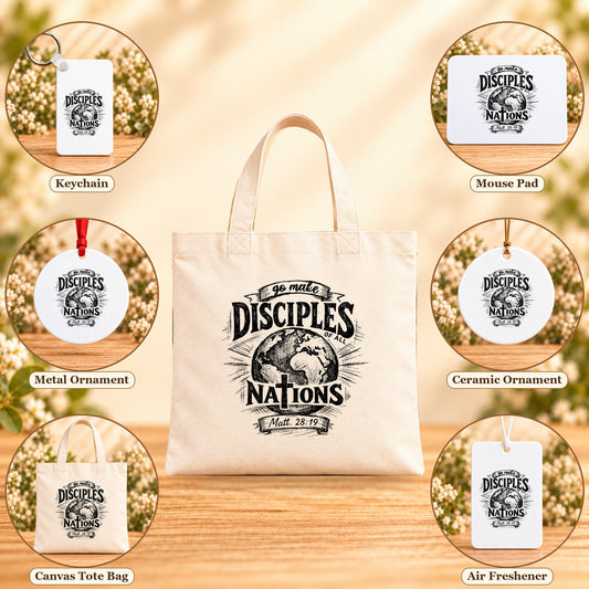 Go Make Disciples of All Nations - all six accessory options, Beige Canvas Tote Bag featured; labeled product options
