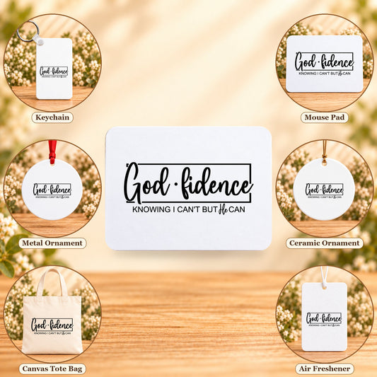 Godfidence - all six accessory options, Rectangular Mouse Pad featured; labeled product options