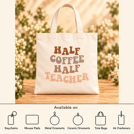 Half Coffee Half Teacher — Beige Canvas Tote Bag featured; available on keychains, mouse pads, metal ornaments, ceramic ornaments, tote bags and air fresheners