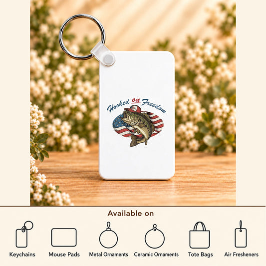 Hooked on Freedom — Rectangle Keychain featured; available on keychains, mouse pads, metal ornaments, ceramic ornaments, tote bags and air fresheners