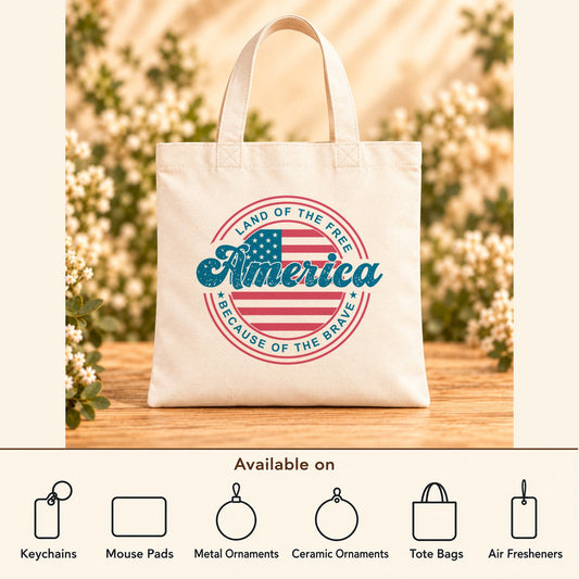 Land of the Free America — Beige Canvas Tote Bag featured; available on keychains, mouse pads, metal ornaments, ceramic ornaments, tote bags and air fresheners