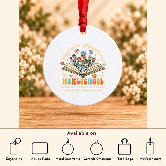 Mama’s Academy Homeschool — Round Metal Ornament featured; available on keychains, mouse pads, metal ornaments, ceramic ornaments, tote bags and air fresheners