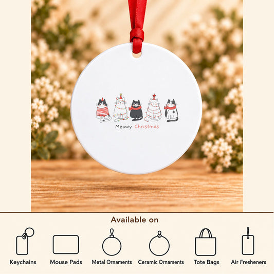 Meowy Christmas — Round Metal Ornament featured; available on keychains, mouse pads, metal ornaments, ceramic ornaments, tote bags and air fresheners