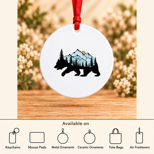 Mountain Bear — Round Metal Ornament featured; available on keychains, mouse pads, metal ornaments, ceramic ornaments, tote bags and air fresheners