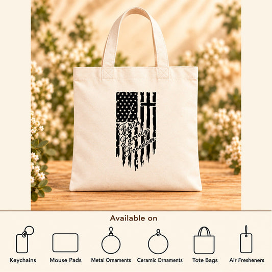 One Nation Under God Faith Family Freedom — Beige Canvas Tote Bag featured; available on keychains, mouse pads, metal ornaments, ceramic ornaments, tote bags and air fresheners