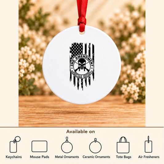 One Nation Under God Second Amendment — Round Metal Ornament featured; available on keychains, mouse pads, metal ornaments, ceramic ornaments, tote bags and air fresheners