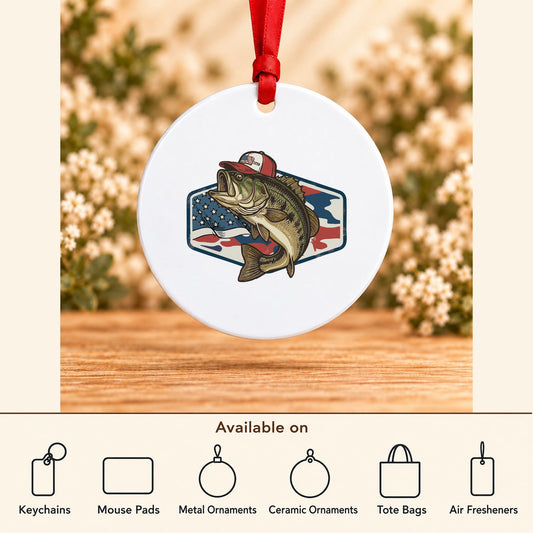 Patriotic Bass — Round Metal Ornament featured; available on keychains, mouse pads, metal ornaments, ceramic ornaments, tote bags and air fresheners