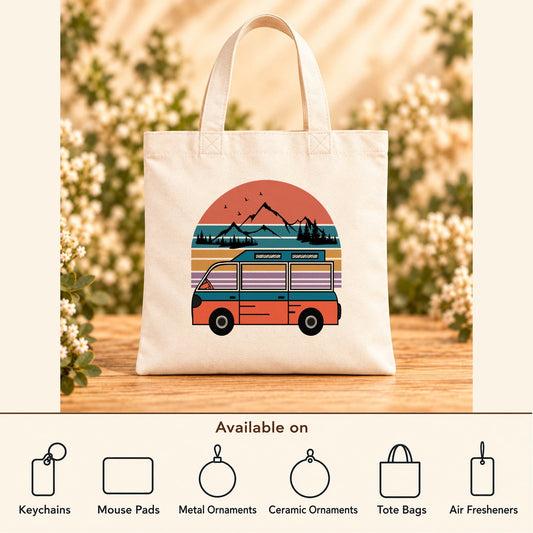 Retro Adventure Van — Beige Canvas Tote Bag featured; available on keychains, mouse pads, metal ornaments, ceramic ornaments, tote bags and air fresheners