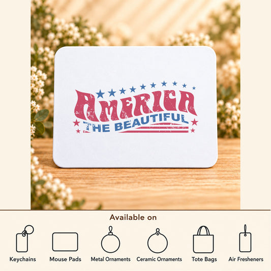 Retro America the Beautiful — Rectangular Mouse Pad featured; available on keychains, mouse pads, metal ornaments, ceramic ornaments, tote bags and air fresheners