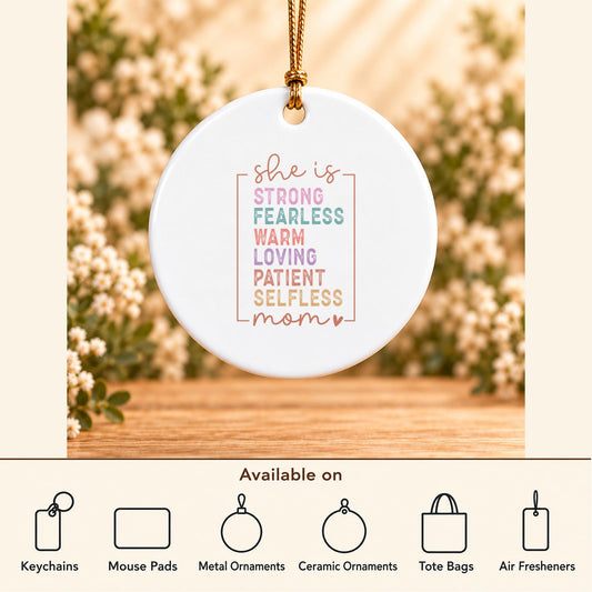 She Is Strong Fearless Loving Mom — Round Ceramic Ornament featured; available on keychains, mouse pads, metal ornaments, ceramic ornaments, tote bags and air fresheners