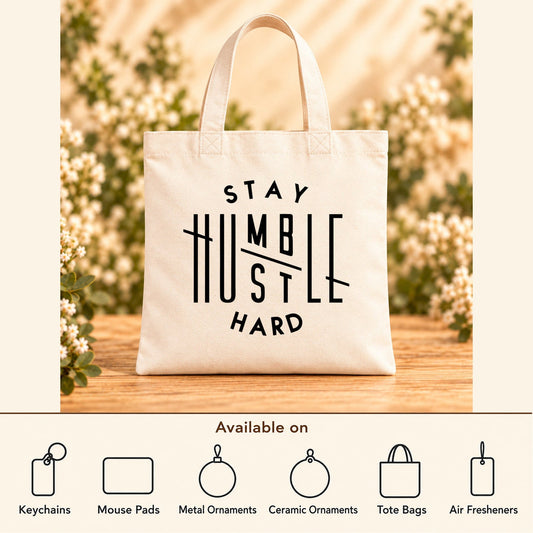 Stay Humble Hustle Hard — Beige Canvas Tote Bag featured; available on keychains, mouse pads, metal ornaments, ceramic ornaments, tote bags and air fresheners