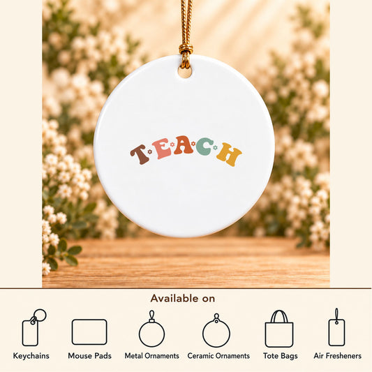Teach Retro Teacher — Round Ceramic Ornament featured; available on keychains, mouse pads, metal ornaments, ceramic ornaments, tote bags and air fresheners