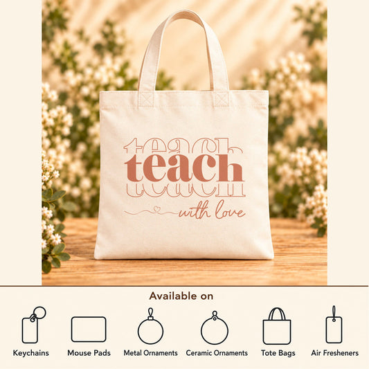 Teach With Love — Beige Canvas Tote Bag featured; available on keychains, mouse pads, metal ornaments, ceramic ornaments, tote bags and air fresheners