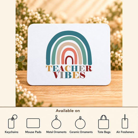 Teacher Vibes Retro Rainbow — Rectangular Mouse Pad featured; available on keychains, mouse pads, metal ornaments, ceramic ornaments, tote bags and air fresheners