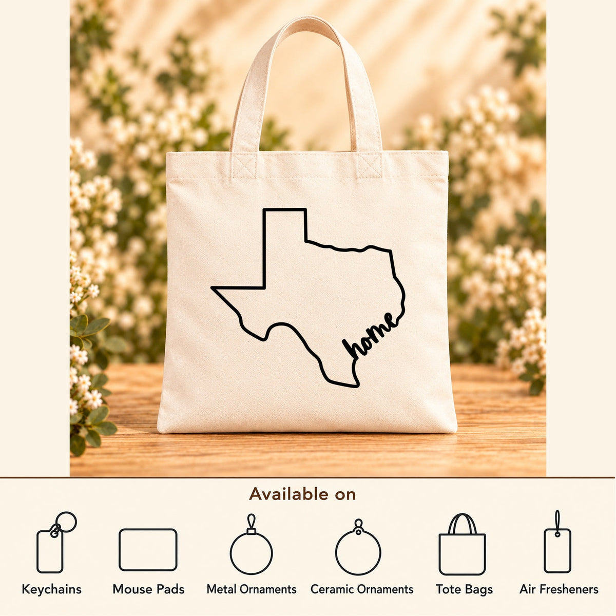 Texas Home — Beige Canvas Tote Bag featured; available on keychains, mouse pads, metal ornaments, ceramic ornaments, tote bags and air fresheners