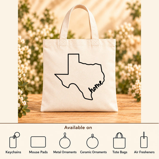 Texas Home — Beige Canvas Tote Bag featured; available on keychains, mouse pads, metal ornaments, ceramic ornaments, tote bags and air fresheners