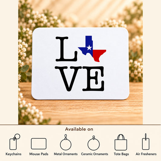 Texas Love State Flag — Rectangular Mouse Pad featured; available on keychains, mouse pads, metal ornaments, ceramic ornaments, tote bags and air fresheners