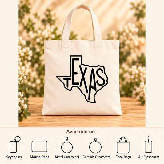 Texas State Outline — Beige Canvas Tote Bag featured; available on keychains, mouse pads, metal ornaments, ceramic ornaments, tote bags and air fresheners