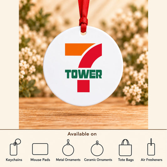 Tower 7 — Round Metal Ornament featured; available on keychains, mouse pads, metal ornaments, ceramic ornaments, tote bags and air fresheners