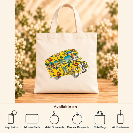Wahoo School Bus — Beige Canvas Tote Bag featured; available on keychains, mouse pads, metal ornaments, ceramic ornaments, tote bags and air fresheners