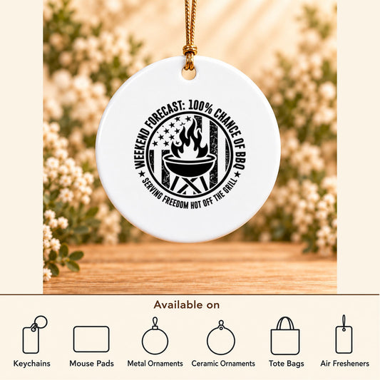 Weekend Forecast: 100% Chance of BBQ — Round Ceramic Ornament featured; available on keychains, mouse pads, metal ornaments, ceramic ornaments, tote bags and air fresheners