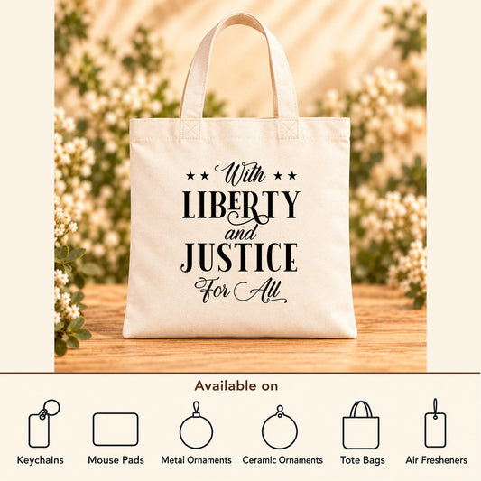 With Liberty and Justice for All — Beige Canvas Tote Bag featured; available on keychains, mouse pads, metal ornaments, ceramic ornaments, tote bags and air fresheners