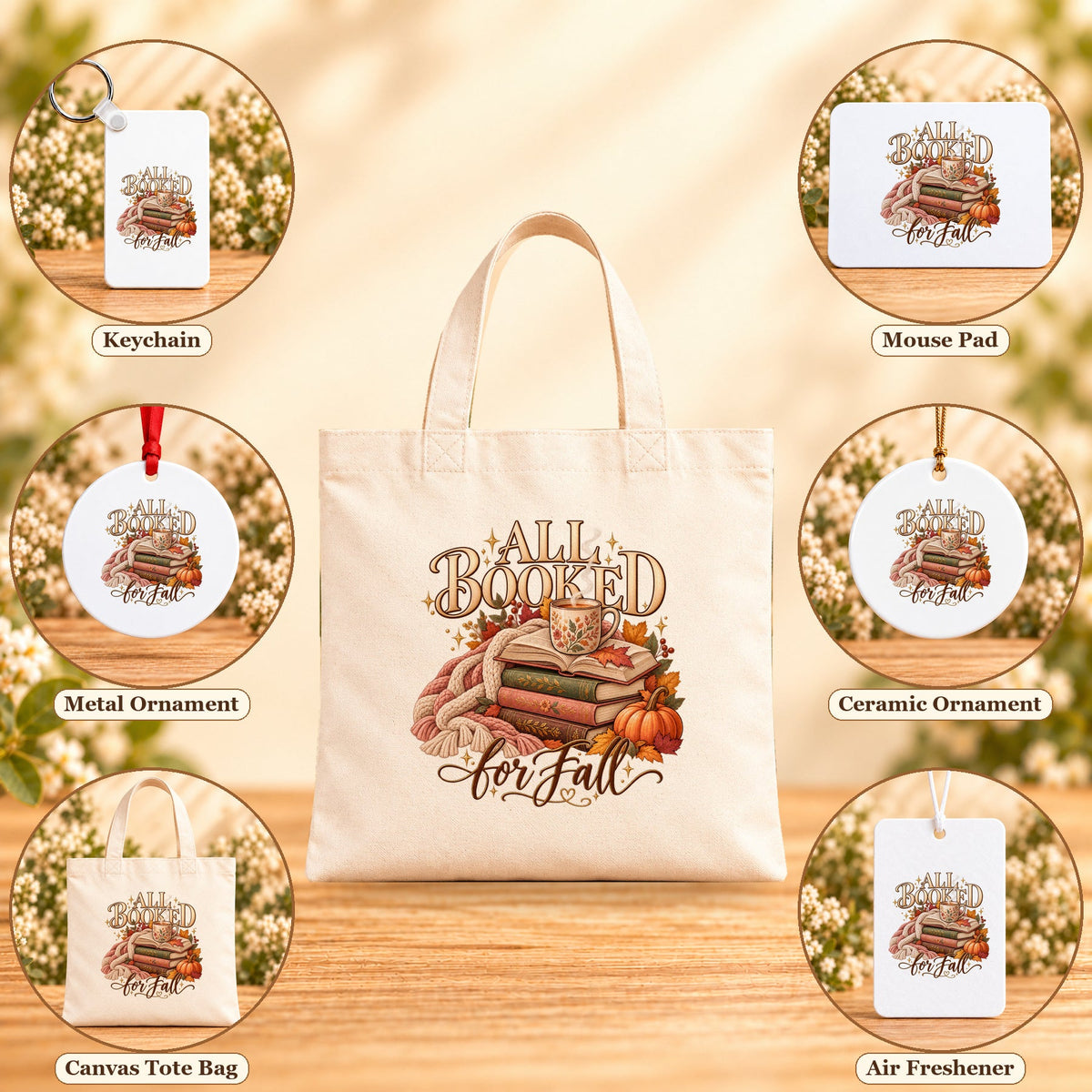 All Booked for Fall - all six accessory options, Beige Canvas Tote Bag featured