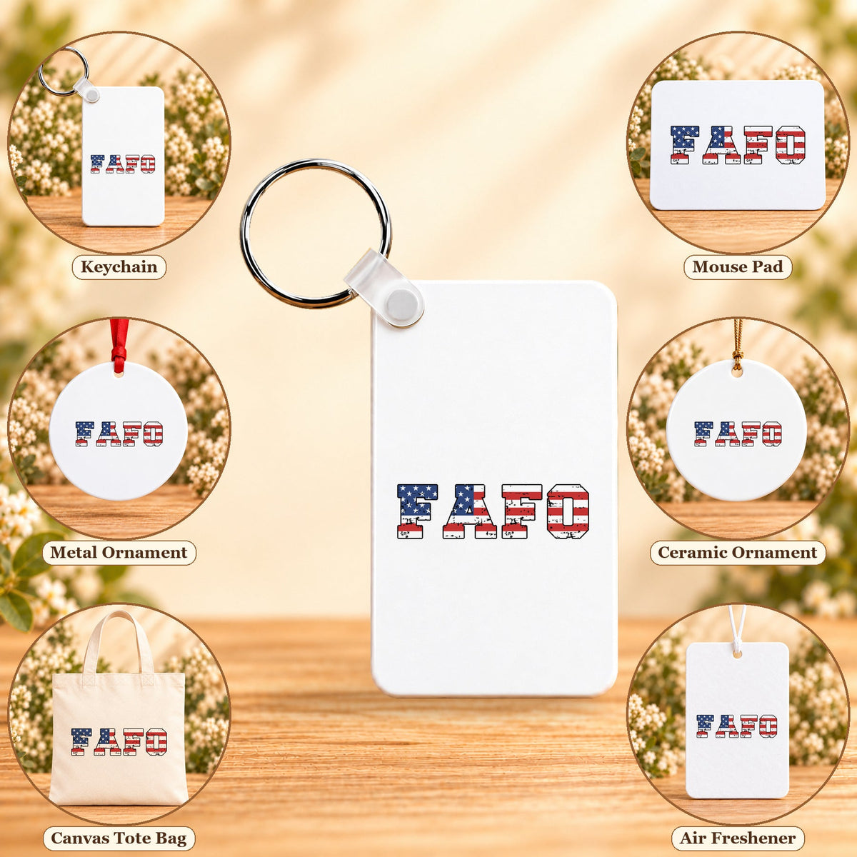 FAFO USA Flag - all six accessory options, Rectangle Keychain featured