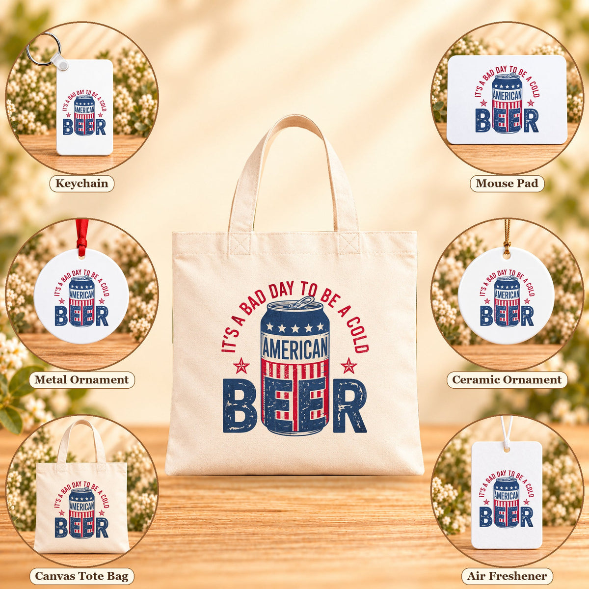 It's a Bad Day to Be a Cold American Beer - all six accessory options, Beige Canvas Tote Bag featured