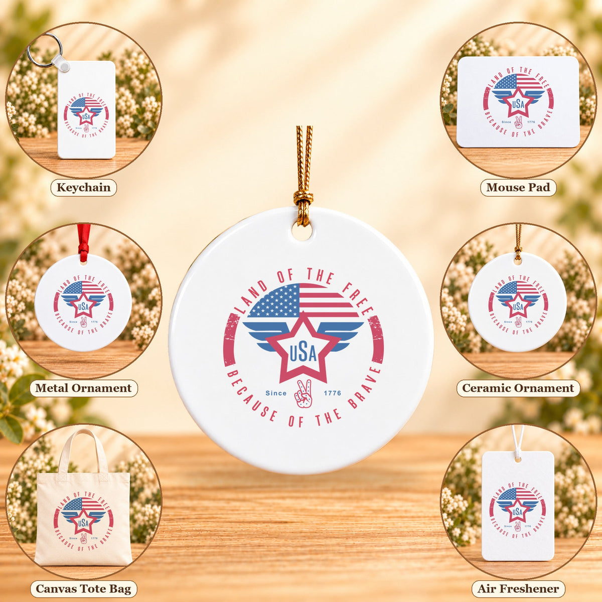 Land of the Free USA Wings - all six accessory options, Round Ceramic Ornament featured