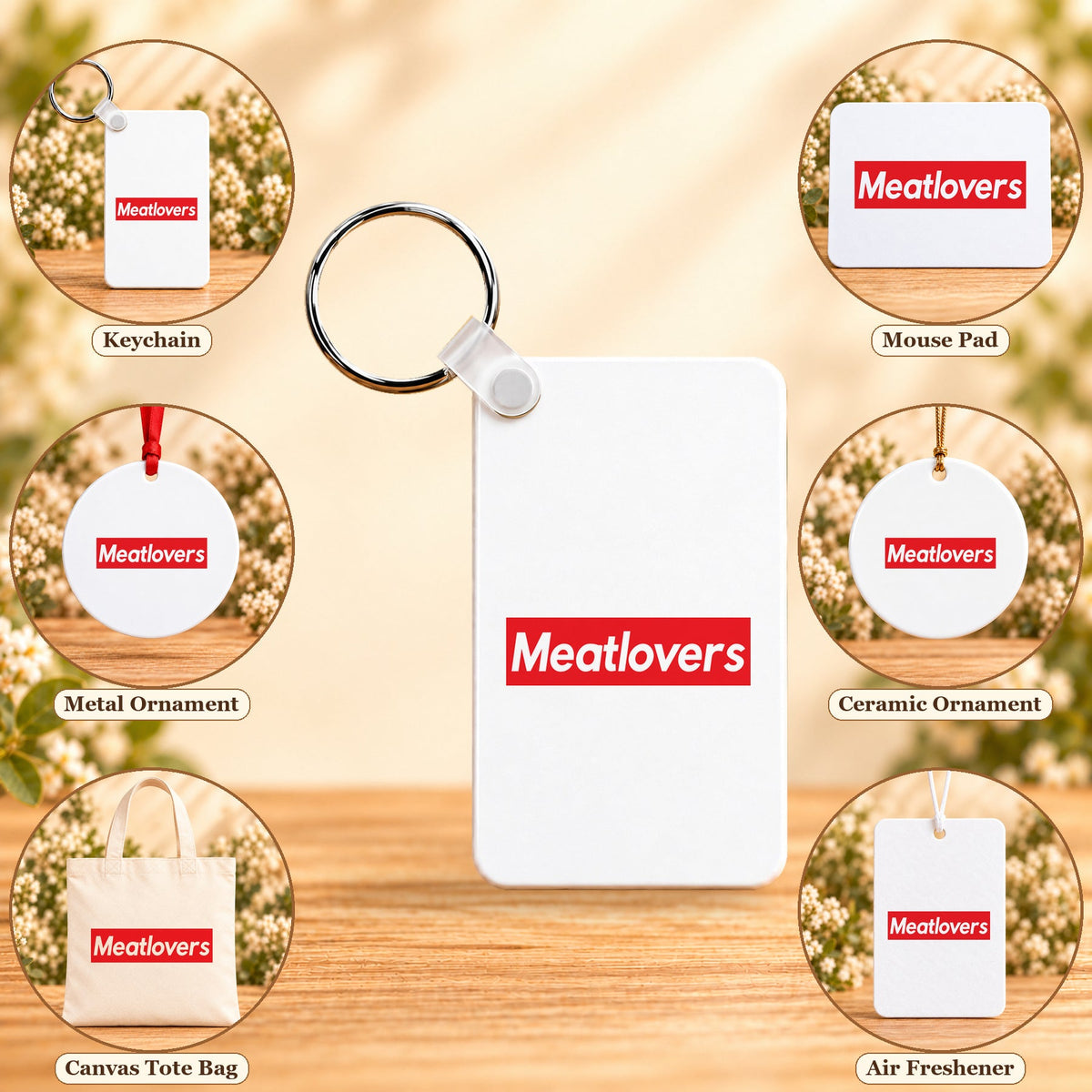 Meatlovers - all six accessory options, Rectangle Keychain featured