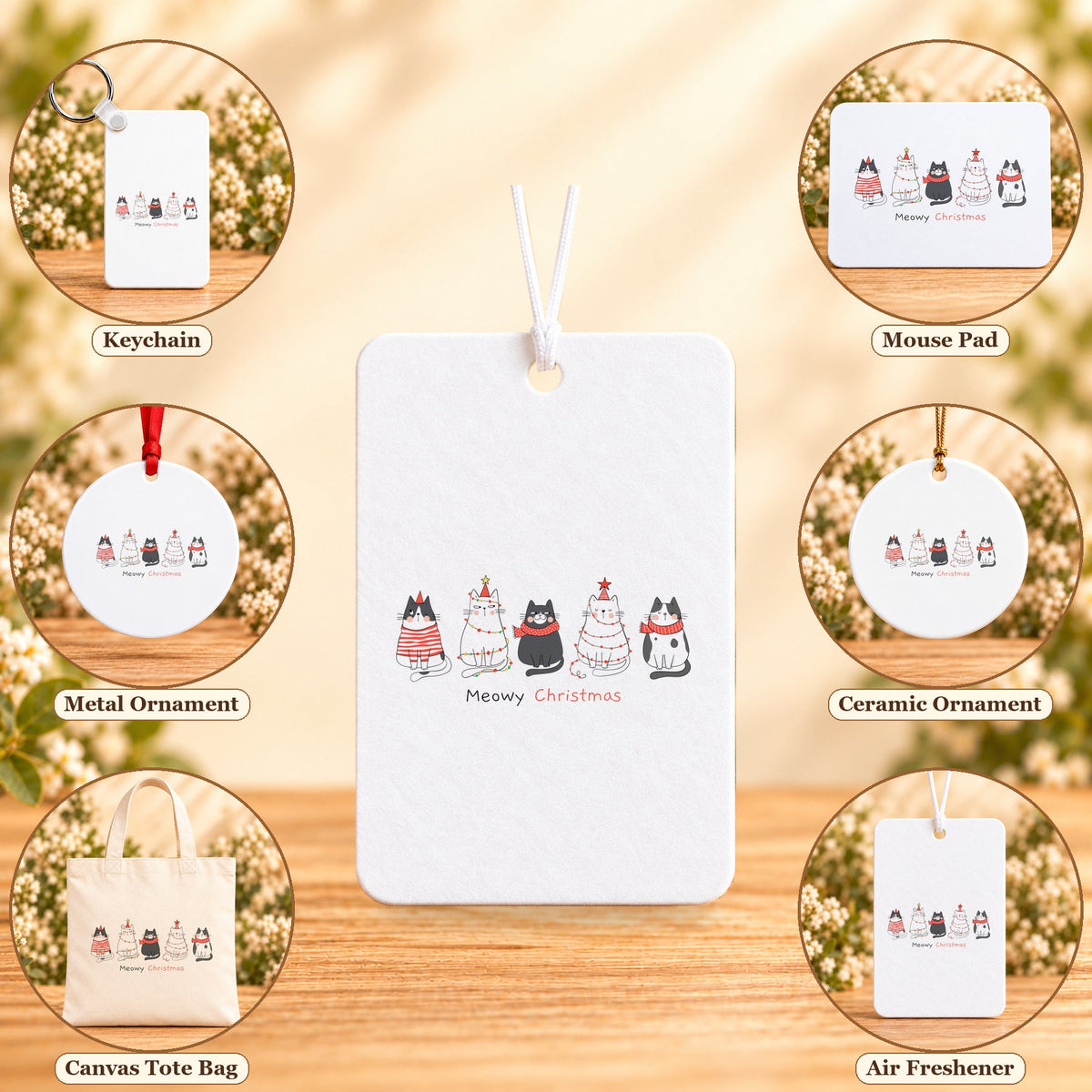 Meowy Christmas - all six accessory options, Rectangle Air Freshener — No Scent featured