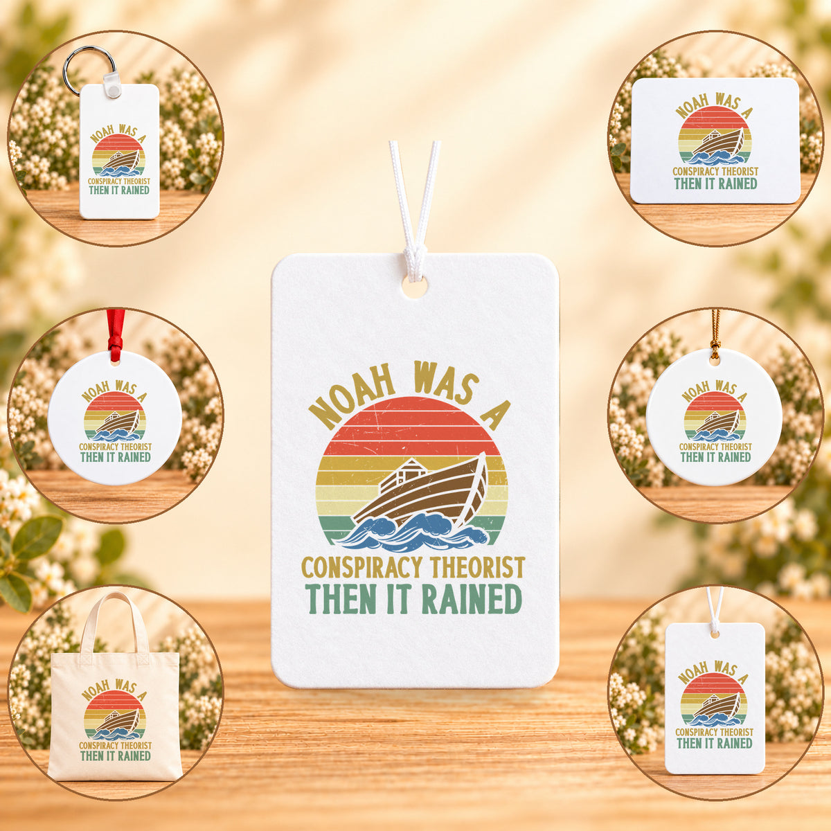 Noah Was a Conspiracy Theorist — Retro - all six accessory options, Air Freshener featured